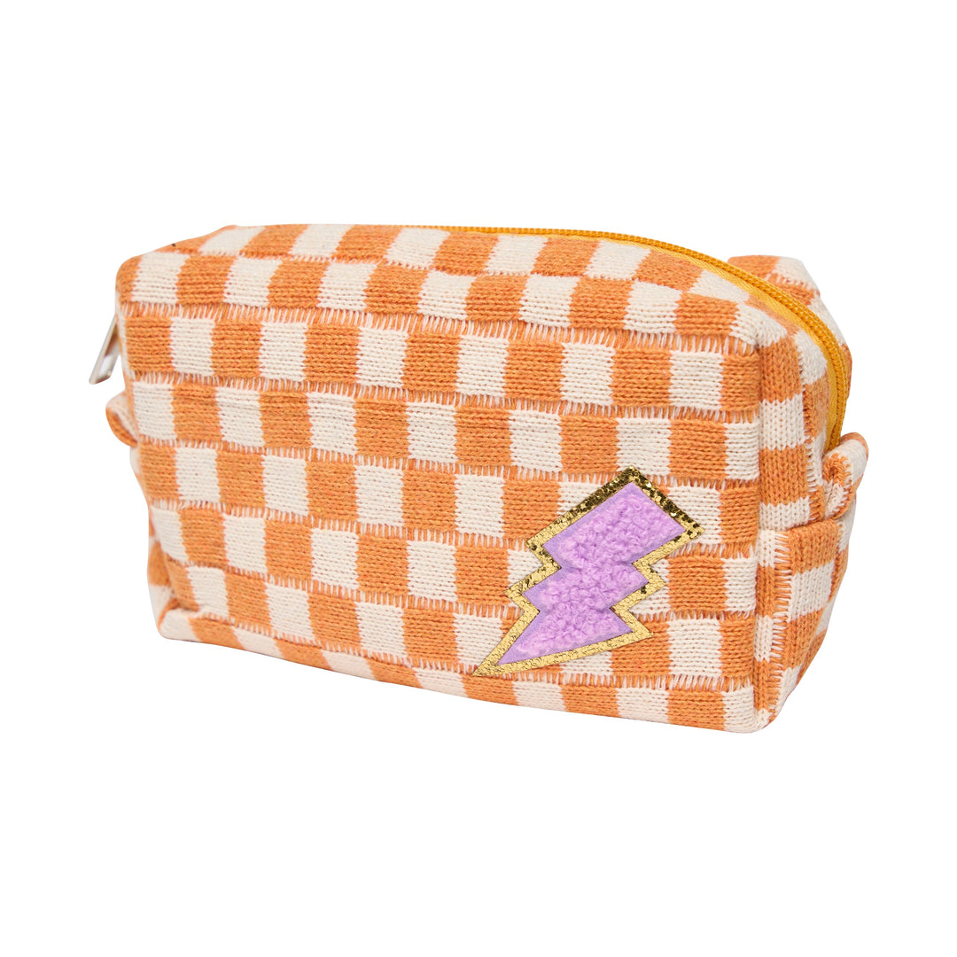 Checkered Cosmetic Bag with Chenille Patch