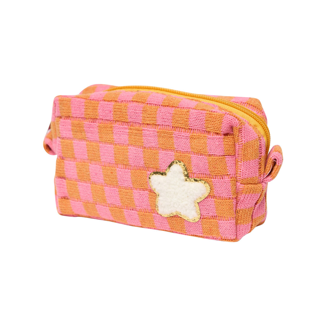 Checkered Cosmetic Bag with Chenille Patch
