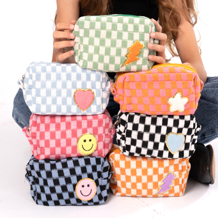 Checkered Cosmetic Bag with Chenille Patch