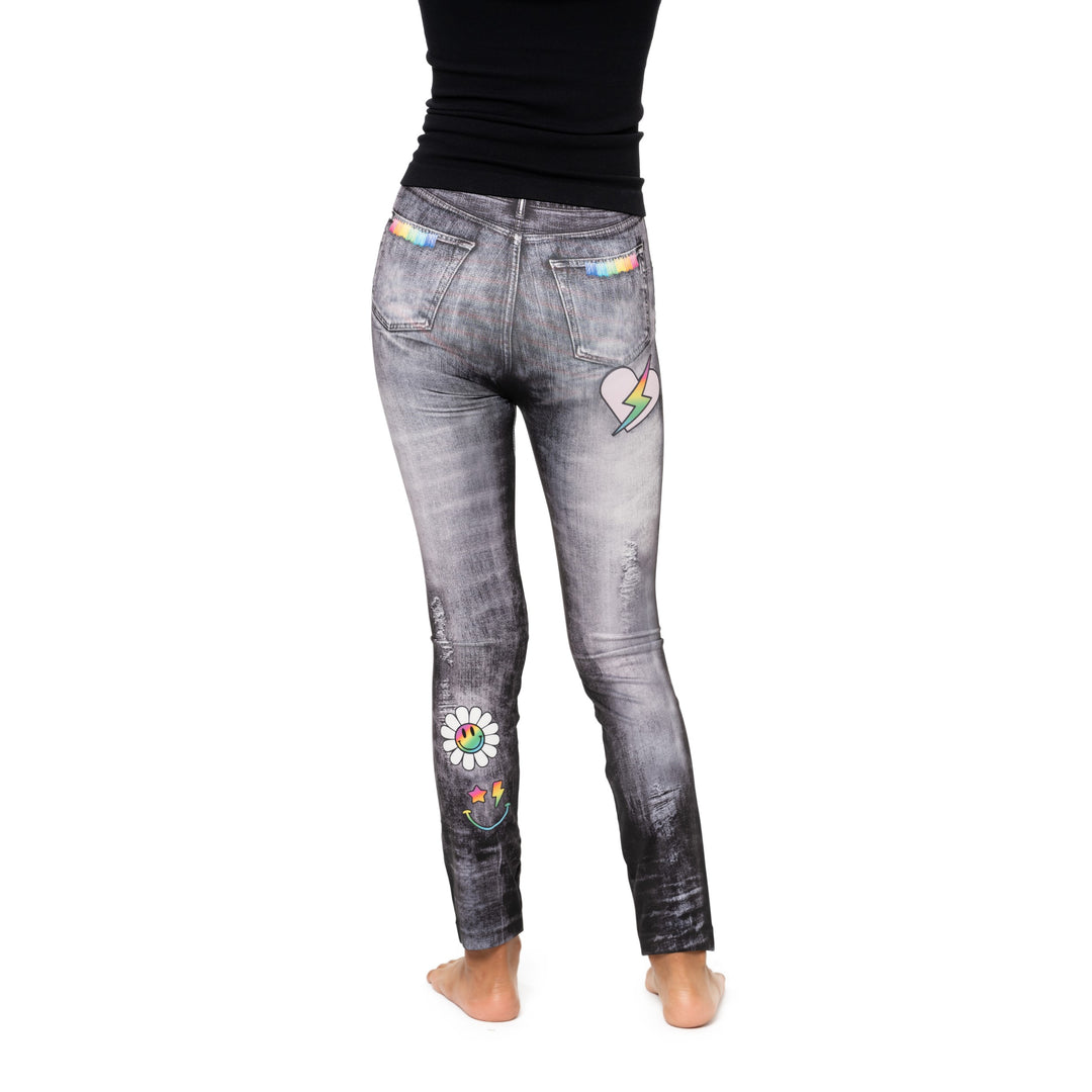 Girl's (7-10) Distressed Denim Leggings with Icons Leggings