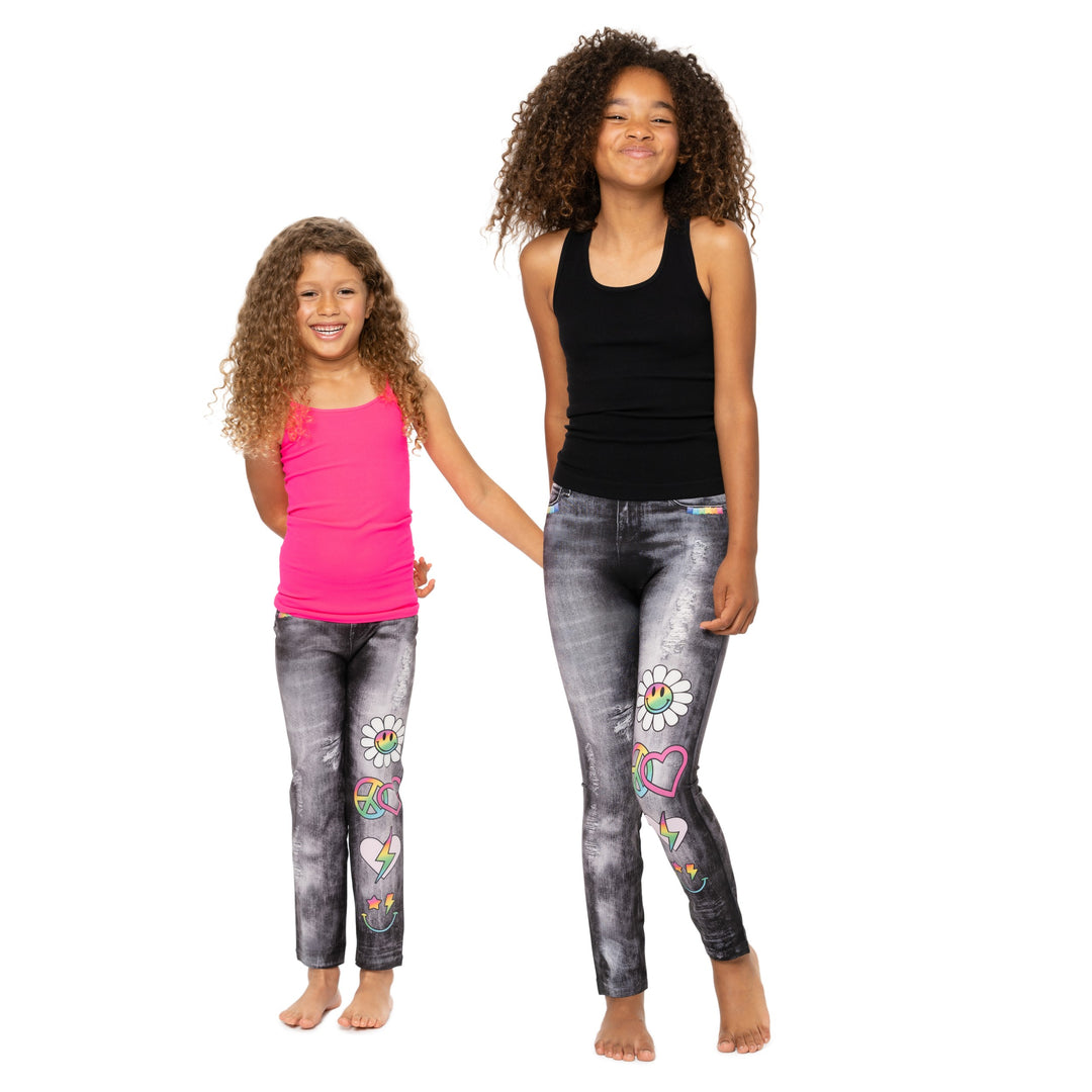 Girl's (7-10) Distressed Denim Leggings with Icons Leggings