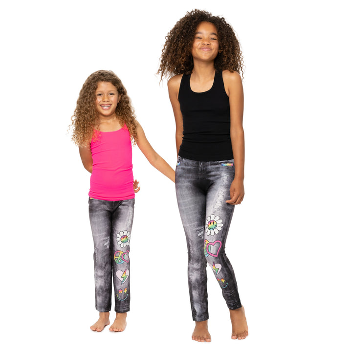 Girl's (7-10) Distressed Denim Leggings with Icons Leggings
