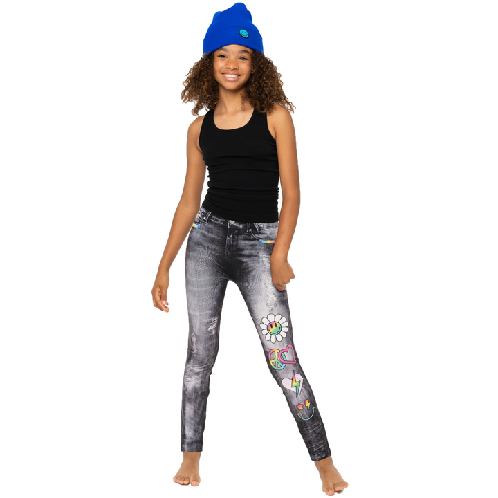 Girl's (7-10) Distressed Denim Leggings with Icons Leggings