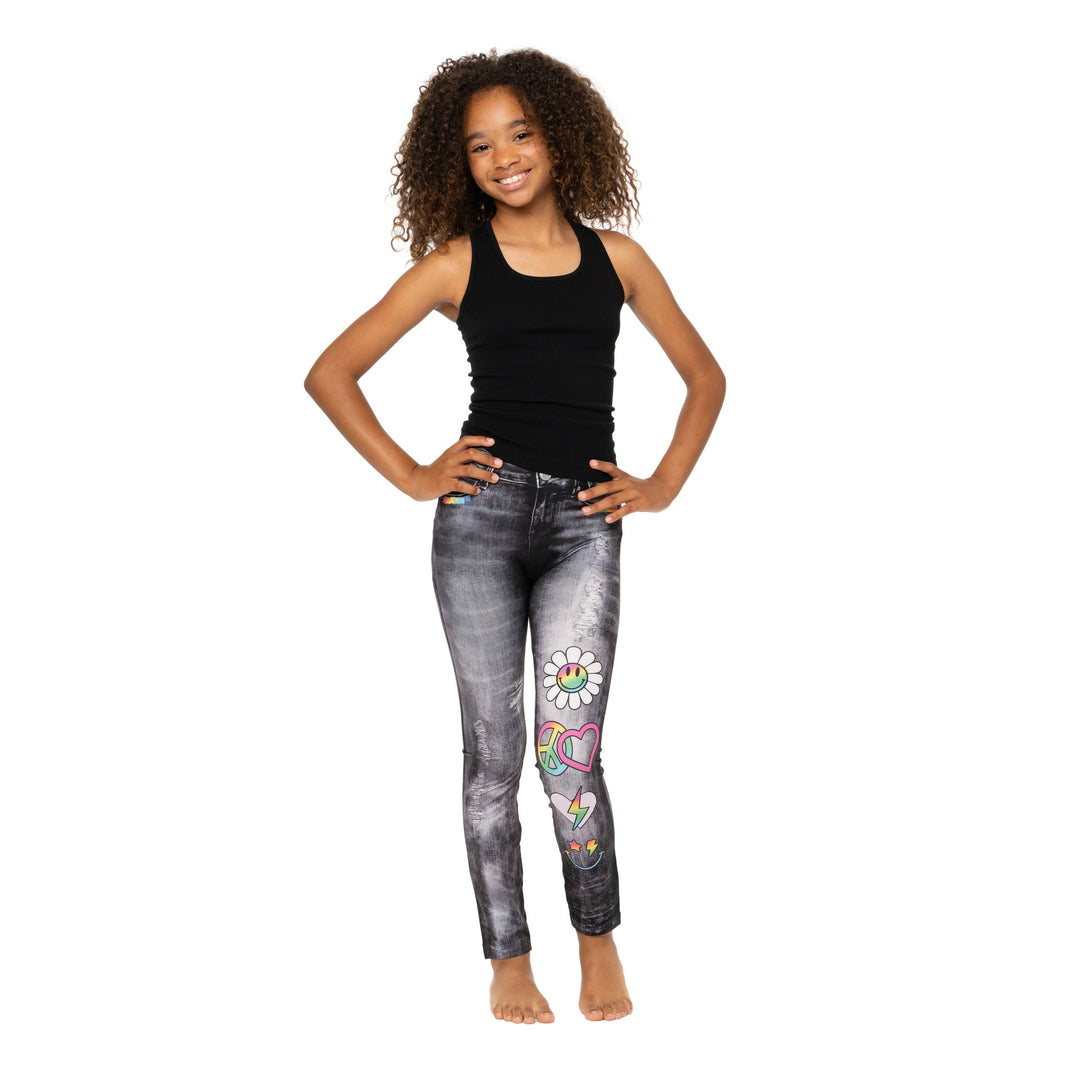 Girl's (7-10) Distressed Denim Leggings with Icons Leggings