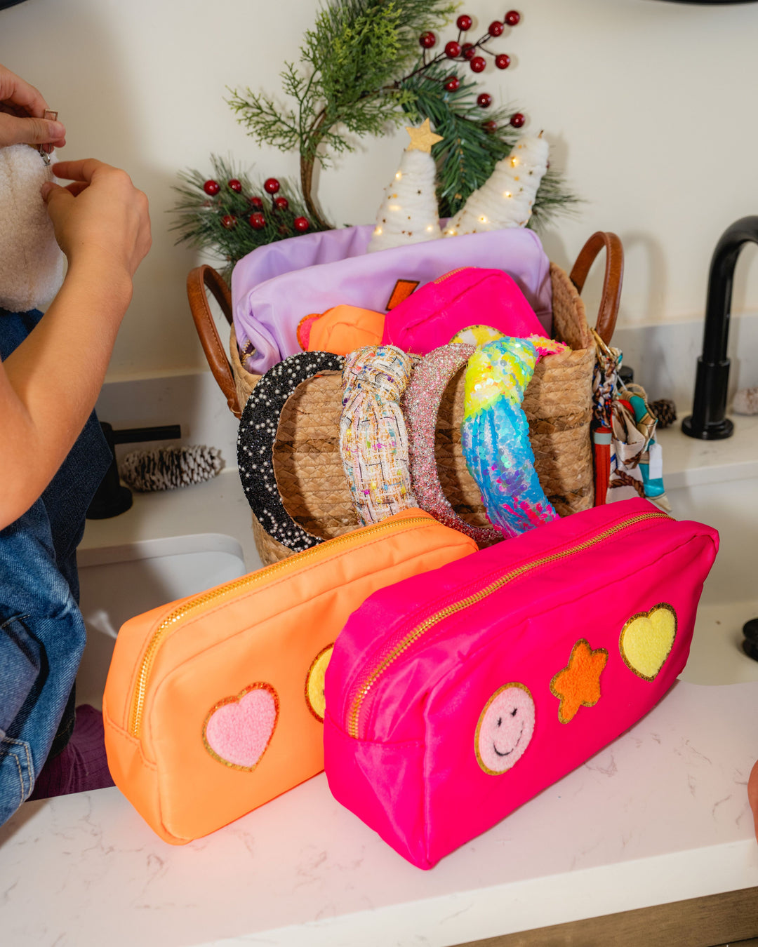 Nylon Pouches with Assorted Patches - Orange