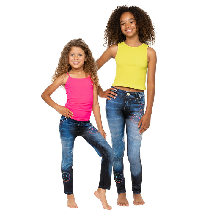 Girl's (7-10) Denim with Embroidered Smiley Faces Leggings