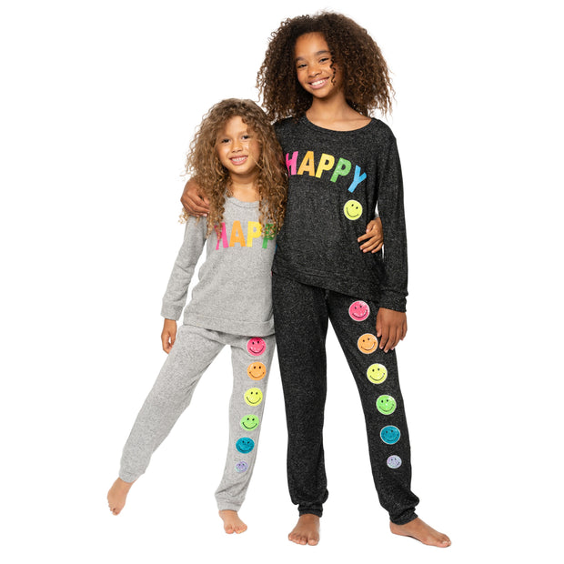 Girl's (8-14) Hacci Sweatshirt with a HAPPY Screen plus a Sequin Happy Face Patch