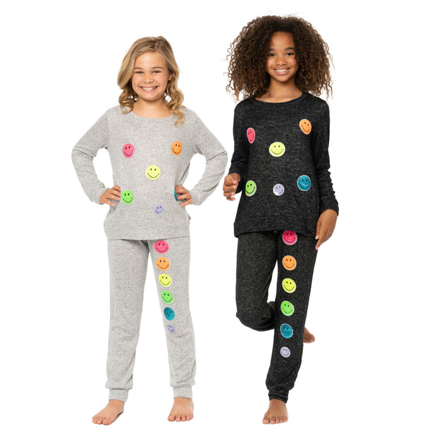 Girl's (8-14) Hacci Sweatshirt with Neon Sequin Happy Faces Patches