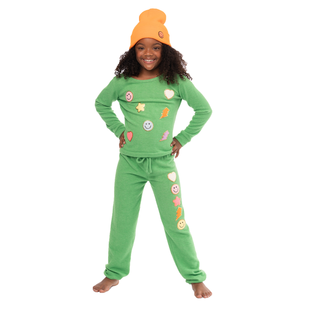 Girl's (8-14) Brushed Hacchi Sweatpants with Assorted Chenille Glitter Patches