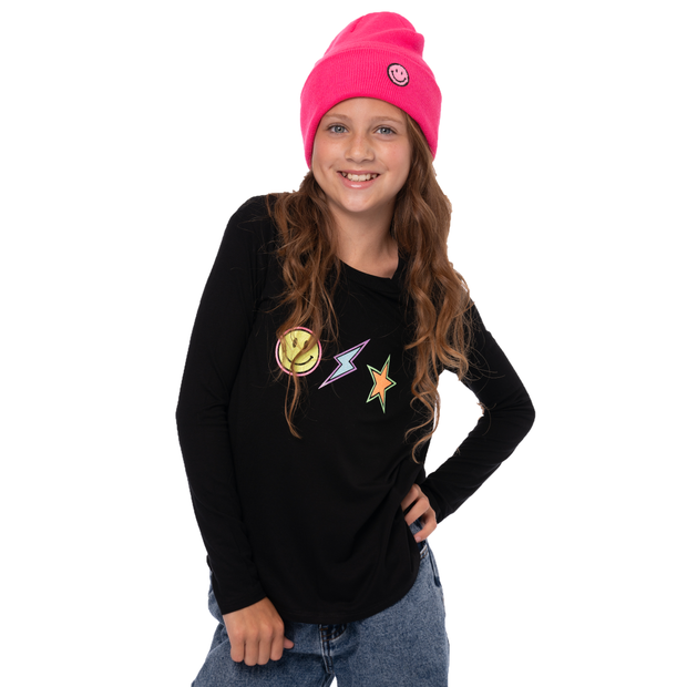 Girl's (8-14) Long Sleeve Tunic with Three Two Tone Glitter Screens - Smiley Face, Star & Lightning Bolt