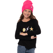 Girl's (8-14) Long Sleeve Tunic with Three Two Tone Glitter Screens - Smiley Face, Star & Lightning Bolt