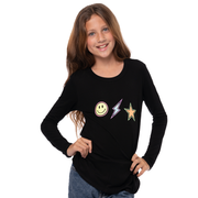 Girl's (8-14) Long Sleeve Tunic with Three Two Tone Glitter Screens - Smiley Face, Star & Lightning Bolt