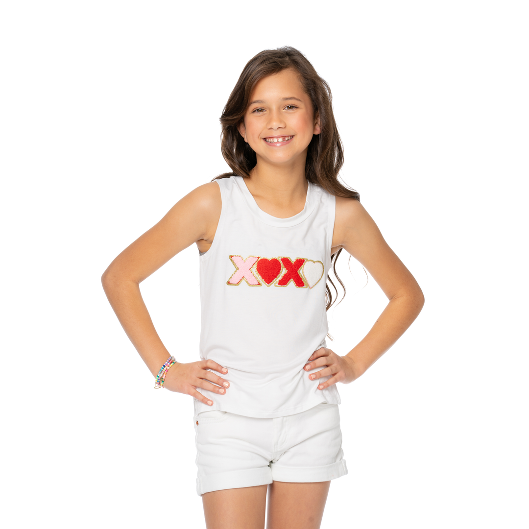 Girls (8-14) Sleeveless Muscle Tee with "XOXO" Glitter Patch