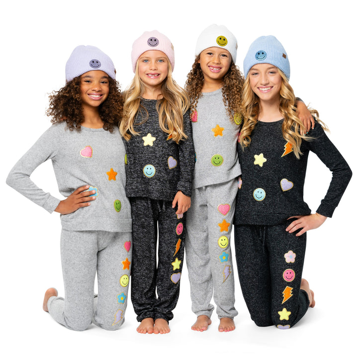Girl's Solid Color Beanie with Rhinestone Smiley Face Patch