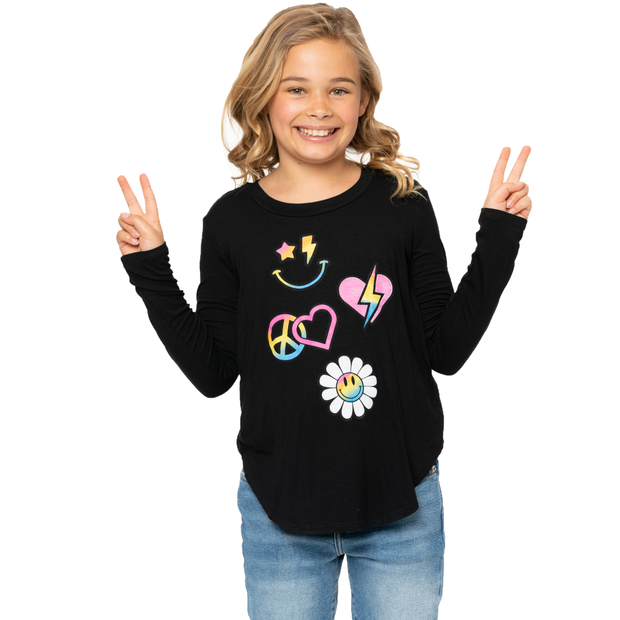 Girls (7-14) Long Sleeve Tunic with Icon Happy Face, Heart, Peace, and Flower screen