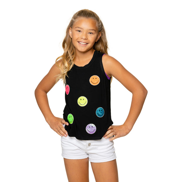 Girls (8-14) Sleeveless Muscle Tee with Neon Sequin Happy Faces Patches