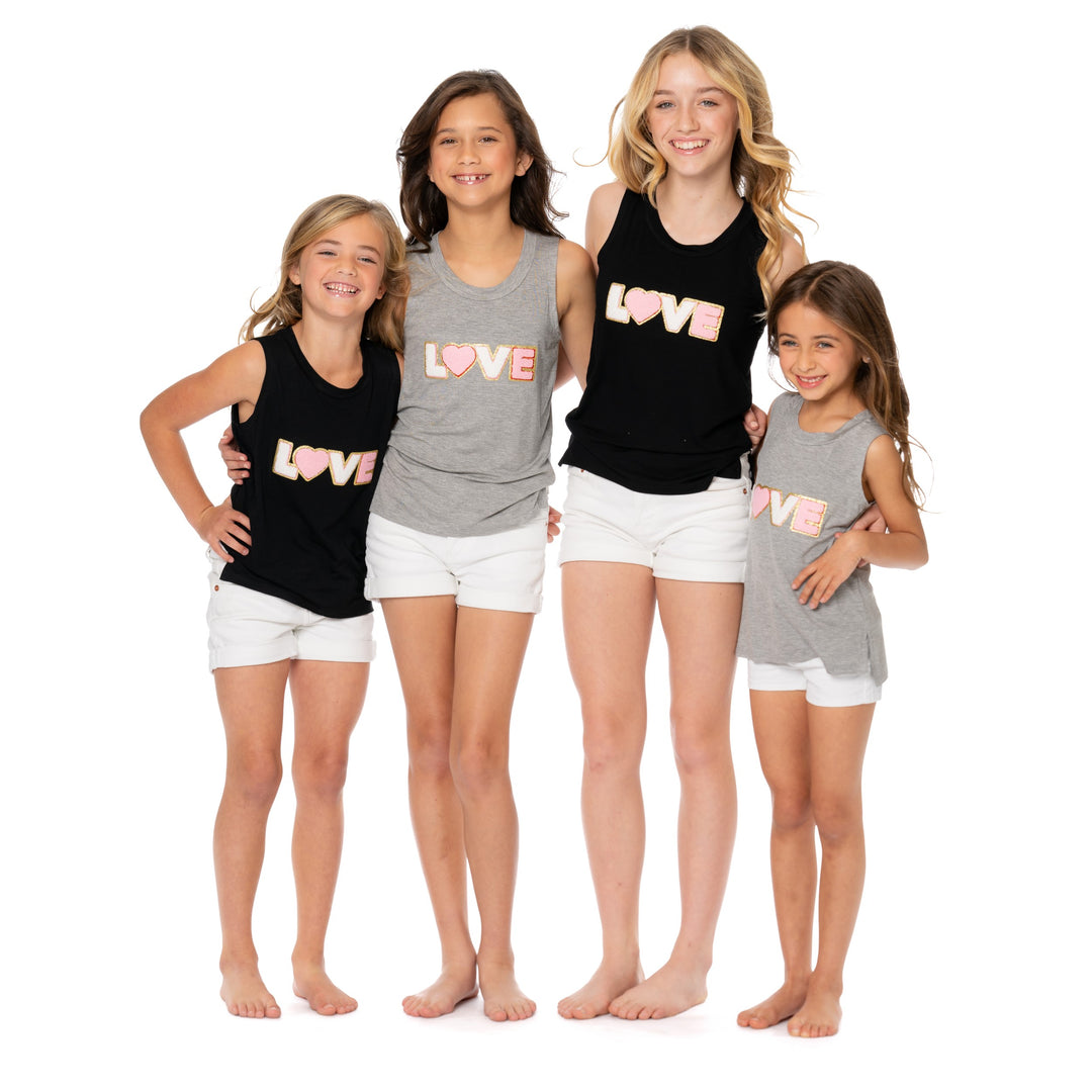 Girls (8-14) Sleeveless Muscle Tee with "LOVE" Glitter Patch
