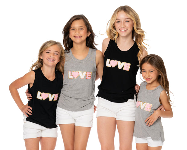 Girls (8-14) Sleeveless Muscle Tee with "LOVE" Glitter Patch