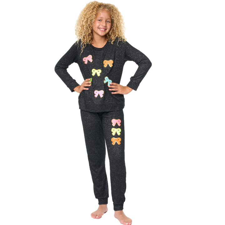 Girl's (8-14) Hacci Sweatpants with Assorted Color Glitter Bows Chenille Patches