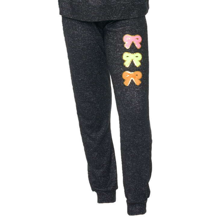 Girl's (8-14) Hacci Sweatpants with Assorted Color Glitter Bows Chenille Patches