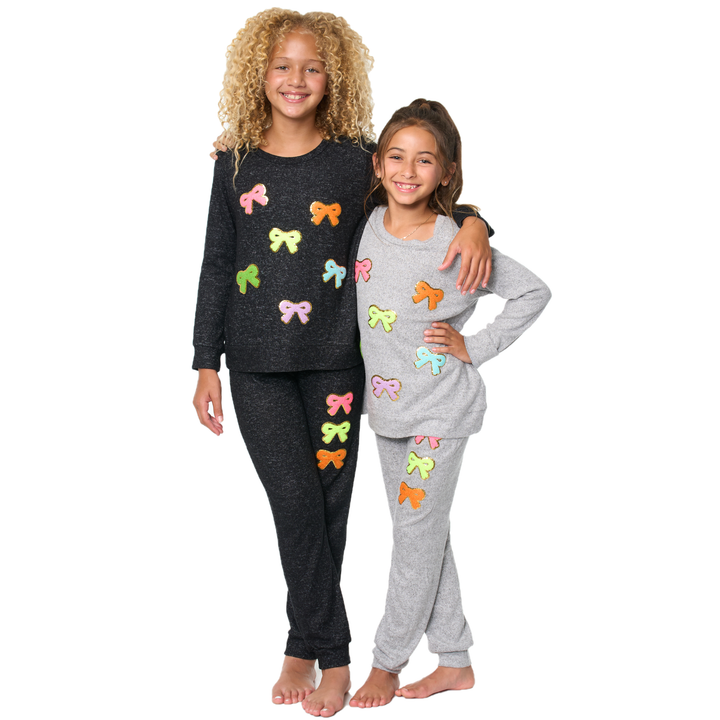 Little Girl's (4-6x) Hacci Sweatshirt with Assorted Color Glitter Chenille Bow Patches