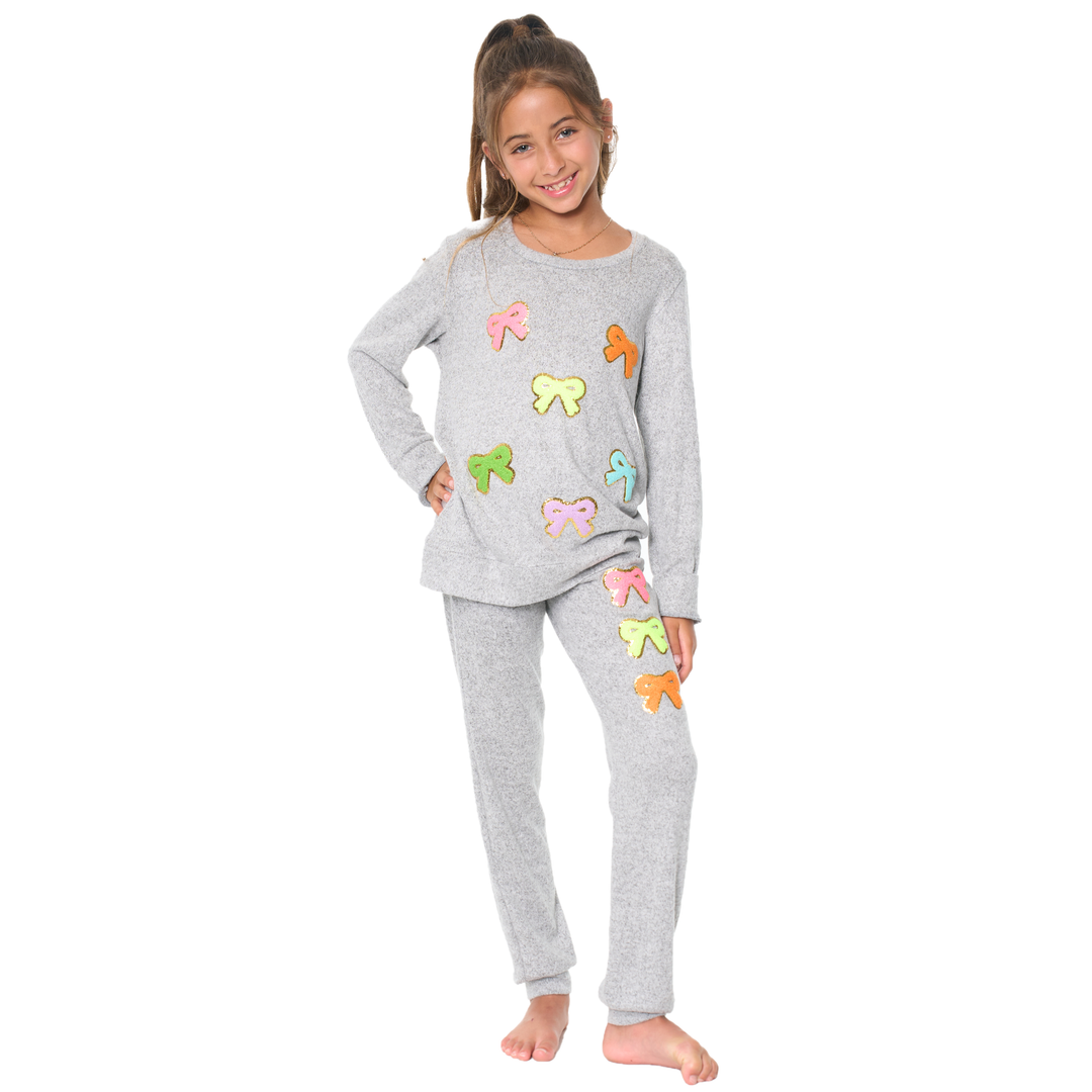 Little Girl's (4-6x) Hacci Sweatshirt with Assorted Color Glitter Chenille Bow Patches