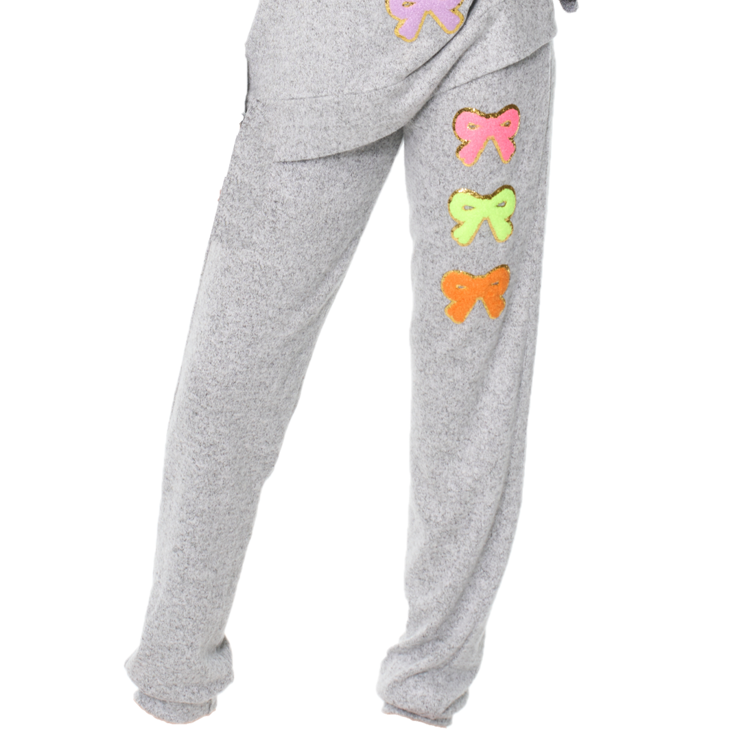 Girl's (8-14) Hacci Sweatpants with Assorted Color Glitter Bows Chenille Patches