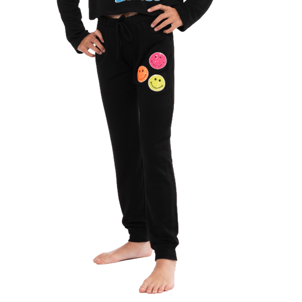 Little Girl's (4-6x) Butter Fleece Sweatpants with 3 Assorted Color Happy Face Patches