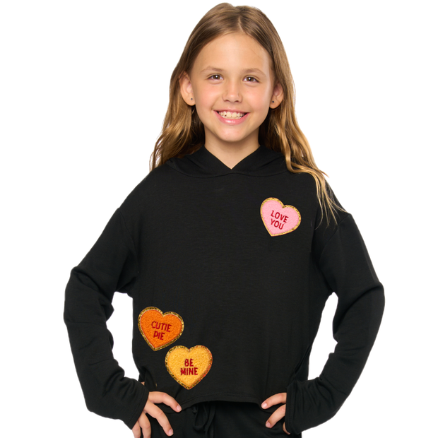 Girl's (8-14) Butter Fleece Hooded Sweatshirt with Heart Conversation Patches