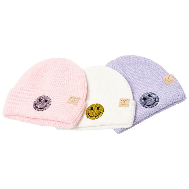 Little Girls Solid Color Beanie with Rhinestone Smiley Face Patch