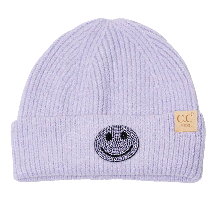 Little Girl's (4-6x) Solid Color Beanie with Rhinestone Smiley Face Patch