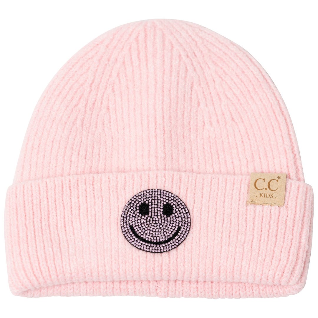 Little Girl's (4-6x) Solid Color Beanie with Rhinestone Smiley Face Patch