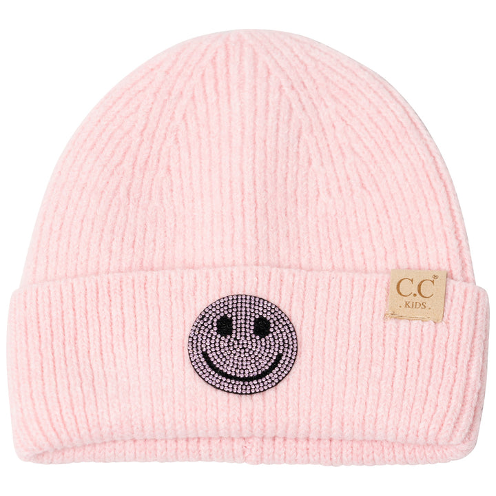 Little Girl's (4-6x) Solid Color Beanie with Rhinestone Smiley Face Patch