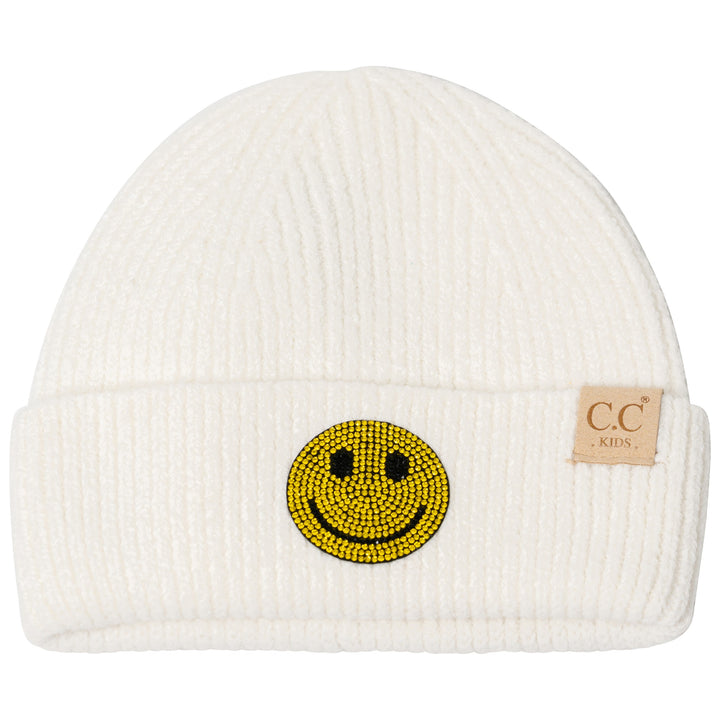 Little Girl's (4-6x) Solid Color Beanie with Rhinestone Smiley Face Patch