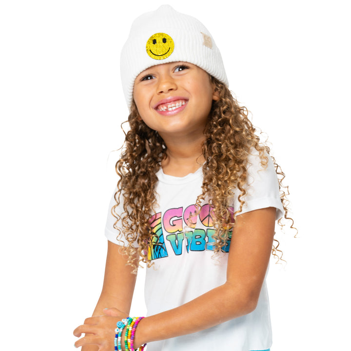 Little Girl's (4-6x) Solid Color Beanie with Rhinestone Smiley Face Patch