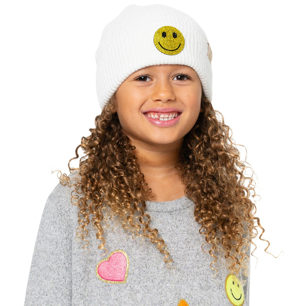 Smiley Face Blanket + Kids Pastel Rainbow Smiley face Slippers + Little Girls Solid Color Beanie with Rhinestone Smiley Face Patch