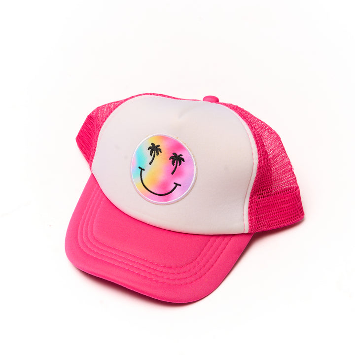 Kids Trucker Hat with a "Smiley Face Palm Tree" Patch