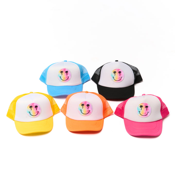 Kids Trucker Hat with a "Smiley Face Palm Tree" Patch