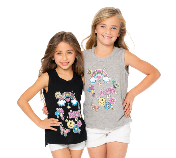 Girls (8-14) Sleeveless Muscle Tee with Spring Scattered Icons screen