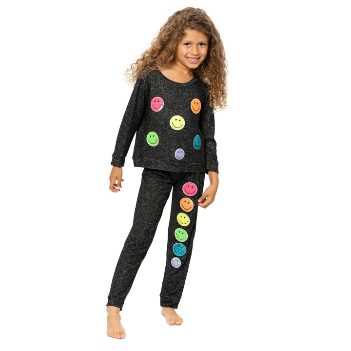 Little Girl's (4-6x) Hacci Sweatshirt with Neon Sequin Happy Faces Patches
