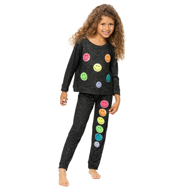 Little Girl's (4-6x) Hacci Sweatpants with Neon Sequin Happy Faces Patches