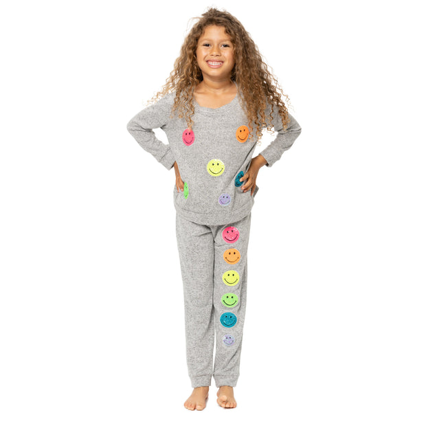 Little Girl's (4-6x) Hacci Sweatpants with Neon Sequin Happy Faces Patches