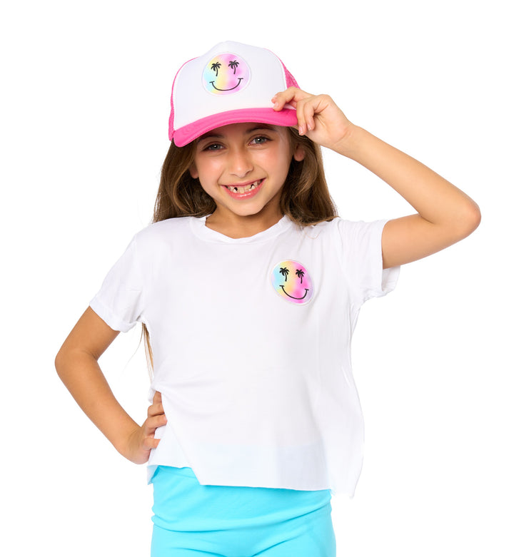 Kids Trucker Hat with a "Smiley Face Palm Tree" Patch