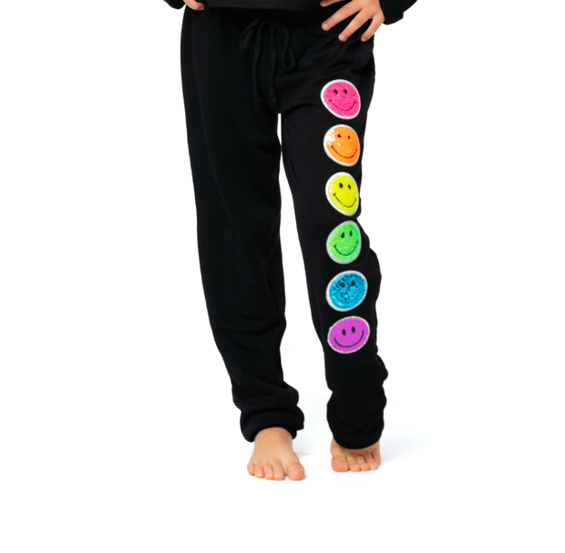 Little Girl's (4-6x) Butter Fleece Sweatpants with Neon Sequin Happy Face Patches