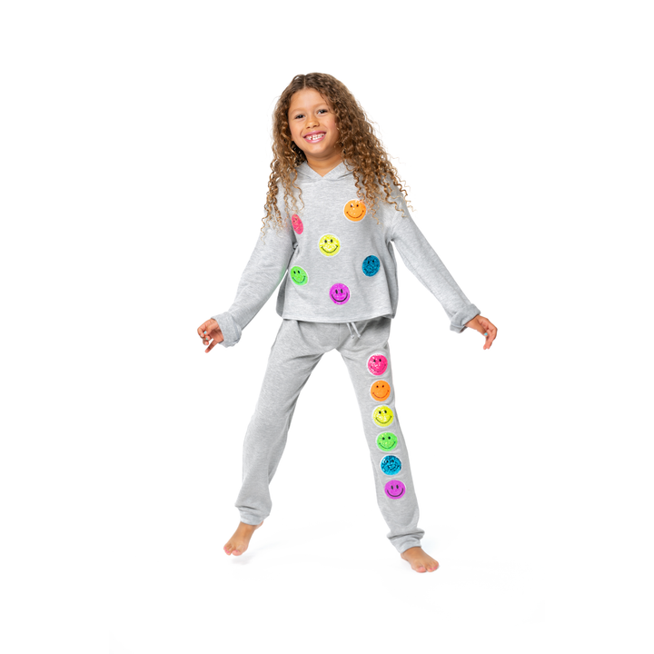 Little Girl's (4-6x) Butter Fleece Hooded Sweatshirt with Neon Sequin Happy Face Patches