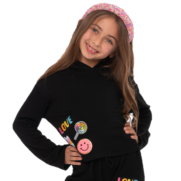 Little Girl's (4-6x) Butter Fleece Hooded Sweatshirt with Love, Star, Happy Face, & Lollipop Patches