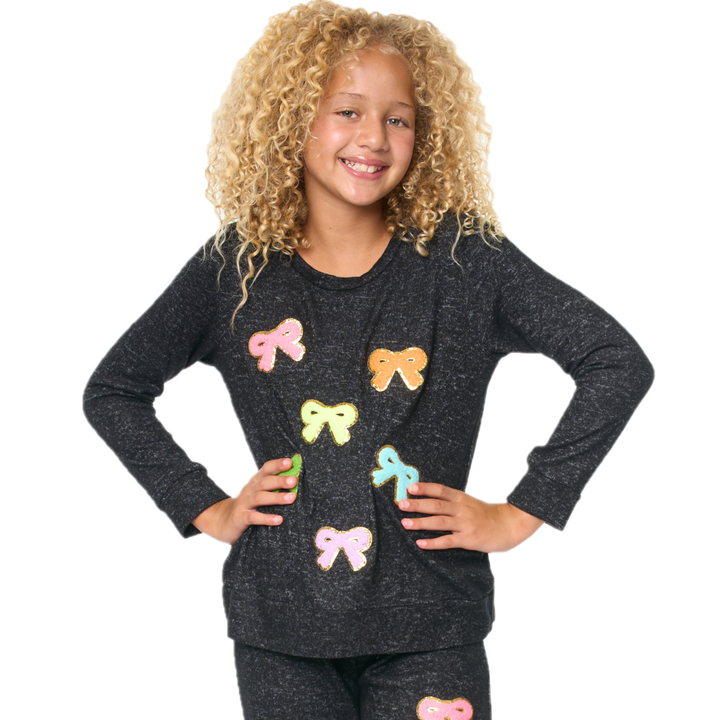 Girl's (8-14) Hacci Sweatshirt with Assorted Color Glitter Chenille Bow Patches