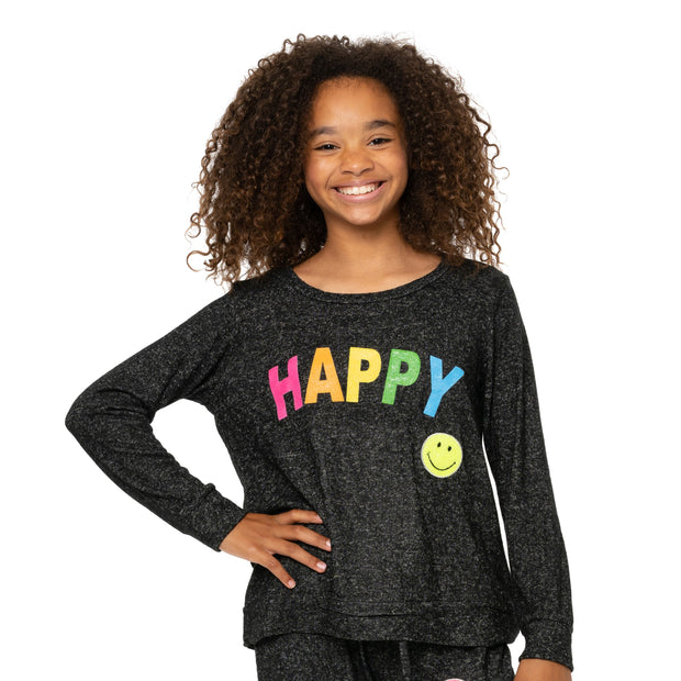 Girl's (8-14) Hacci Sweatshirt with a HAPPY Screen plus a Sequin Happy Face Patch