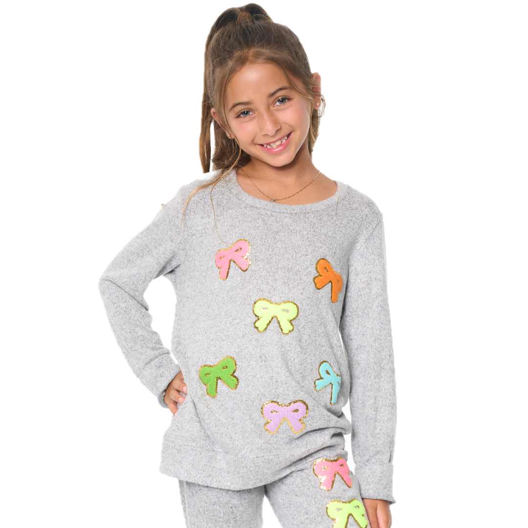 Girl's (8-14) Hacci Sweatshirt with Assorted Color Glitter Chenille Bow Patches