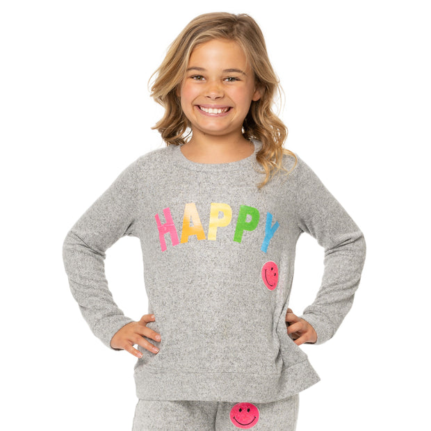 Girl's (8-14) Hacci Sweatshirt with a HAPPY Screen plus a Sequin Happy Face Patch